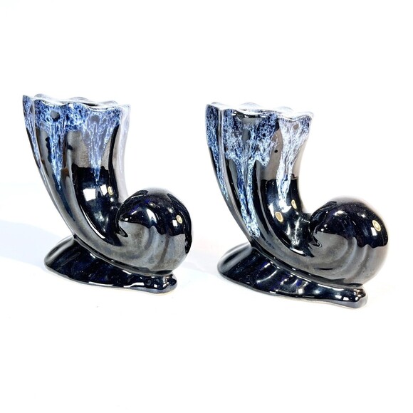 Anna Van Briggle Pottery BLACK Drip Horn Cornucopia Candle Holder Pair RARE VTG - Picture 12 of 12